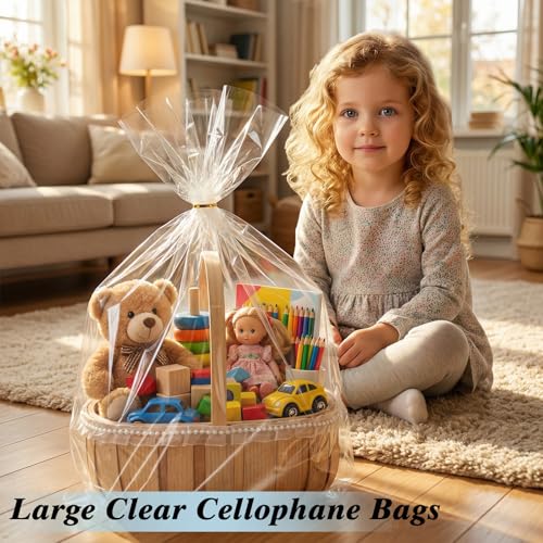 Image of woric 20PCS Clear Cellophane Gift Bags for Gift Baskets 24x30 Inch