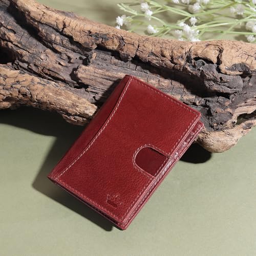 Image of RFID Genuine Leather Card Holder for Men - Slim Wallet with 9 Card Slots, ID Window & Card Puller - Cherry Red