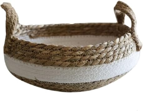 Hand-Woven Round Rattan Wicker Storage Basket with Handle, Fruit Sck Tray, Bread Storage Basket Size 28cm 23cm