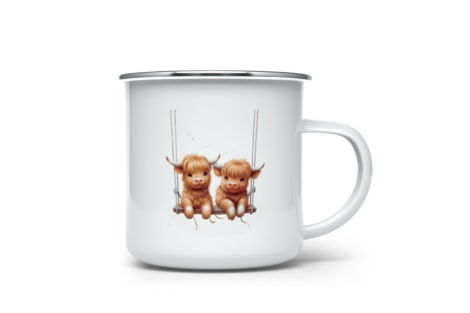 MAXIKIWI - Durable Enamel Coffee or Tea Camping Mug for Indoor Outdoor Use - Highland Cow - 350ml