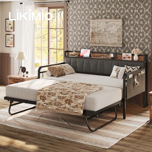 Image of LIKIMIO Twin Daybed, Day Bed with Trundle, Storage Upholstered Headboard and Charging Station, Trundle Bed with Strong Supports for Living Room, Bedroom, and Guest Room, Grey