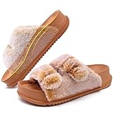 KuaiLu Women's Fluff Slippers Plantar Fasciitis Arch Support Platform Slippers Ladies Fashion Open Toe Faux Fur Sliders House Slipper, Khaki Size 6