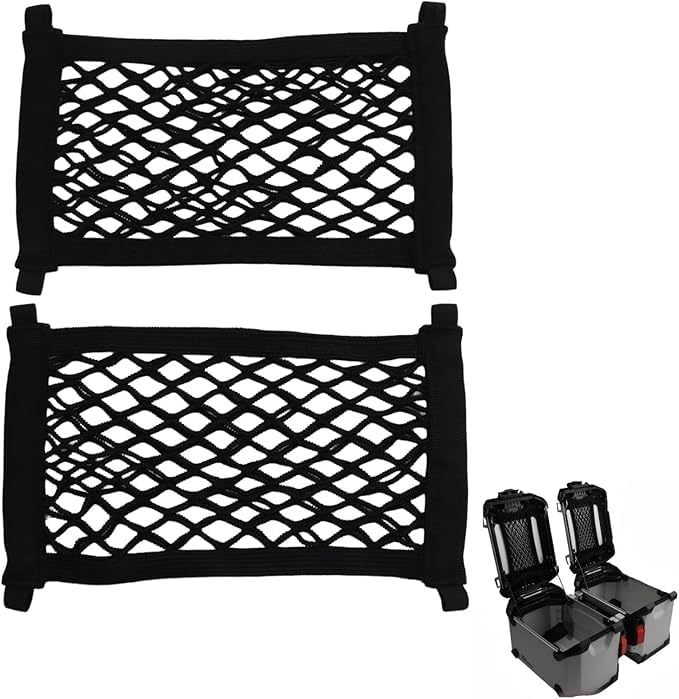 AFNCX 2er Set Gepäcknetz Aufbewahrungsnetz für BMW R1300GS 2024-2026 - Elastisches Mesh Netz für Topcase & Linken/Rechten Seitenkoffer - Motorrad Kofferraum Netz mit Klettverschluss (Schwarz)
