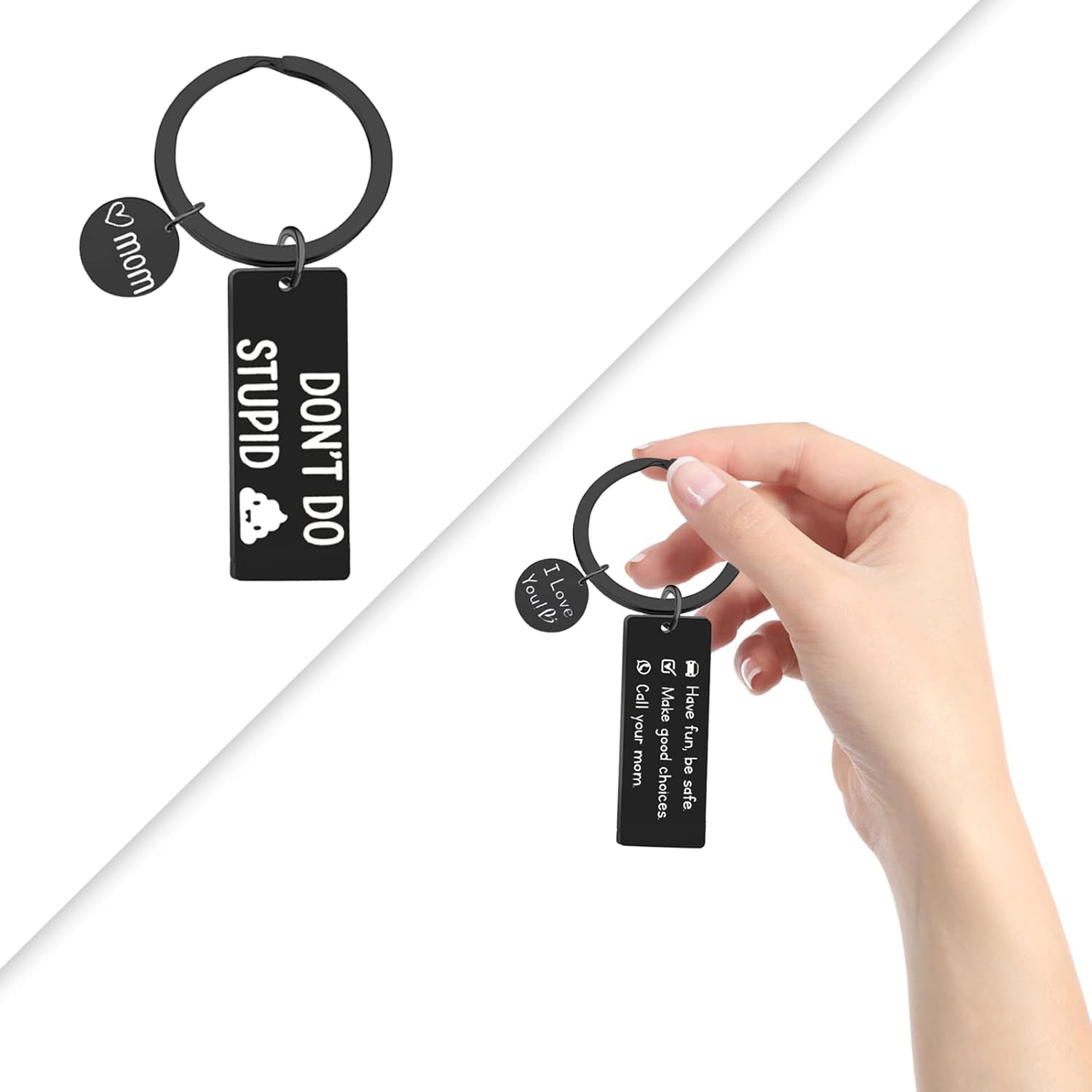 2Pcs Keychain Key Buckle Don't Do Stupid Funny Keychain and Stainless Steel Drive Safe I love You Keychain from Mom New Driver Gifts for Son Daughter, Black