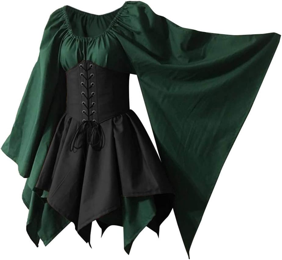 hwojjha Renaissance Medieval Costume Flare Sleeve Corset Skirt Overskirt Elven Archer Irish Over Gown 2pcs Set