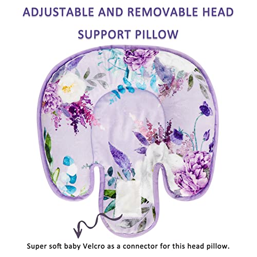 CARUILI 2 in 1 Infant Car Seat Insert, Car Seat Head Support Baby Girls Boys, Soft Newborn Carseat Insert Cushion, Perfect for Carseats, Strollers, Swings (Purple Flower)