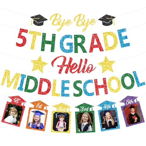 5th Grade Graduation Decorations Glitter Elementary Graduation Decorations Bye Bye 5th Grade Hello Middle School Photo Banner Class of 2026 Graduation Party Supplies for Boys Girls