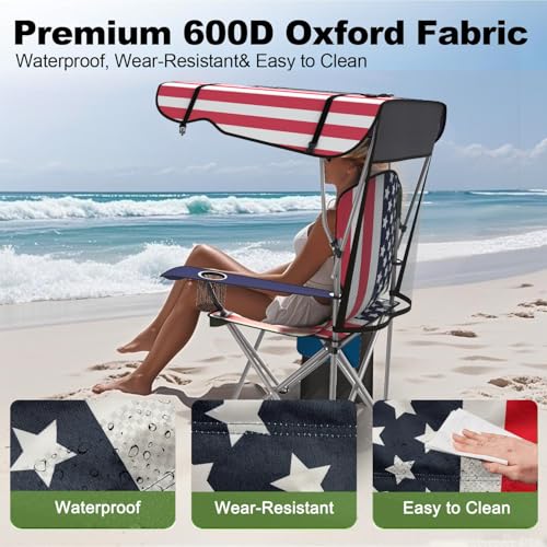 Image of VTOY Portable Camping Chair with Canopy - Folding Chair with Canopy, Durable 600D Oxford Canopy Chair for Camping, Beach, Picnics, Fishing & Sports (1 Pack Flag Design)