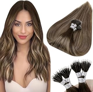 Hetto Nano Hair Extensions Balayage Human Hair Brown Nano Human Hair Extensions Brown to Blonde Ombre Nano Beads Hair Extensions Brown Hair 50s/50g 14inch Cold Fusion