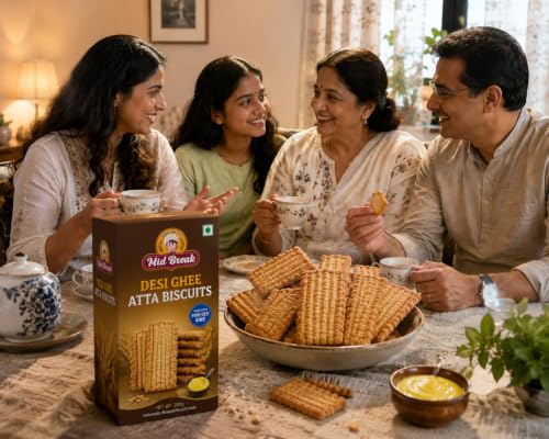 Image of MidBreak Atta Biscuits with Desi Ghee - Handmade, Eggless Vegetarian Cookies | Traditional Tea-Time Snack | 200g Pack- Pack of 1