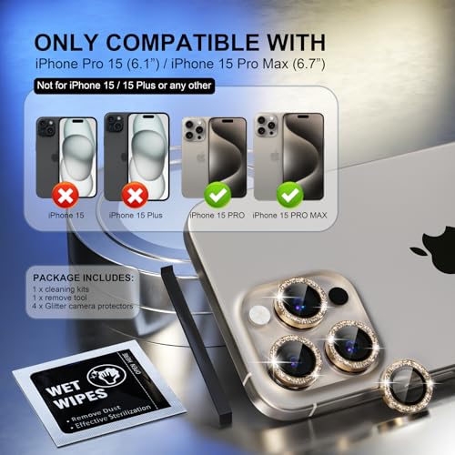 Image of Choiche Compatible for iPhone 15 Pro /iPhone 15 Pro Max Camera Lens Protector Bling, 9H Tempered Glass Camera Cover Screen Protector Metal Ring Decoration Accessories (Glitter-Gold)