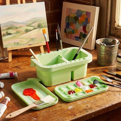 Image of SEVENY Paint Brush Washer Basin with Lid, Green | Artist Brush Cleaning Container, Includes Sponges, For Oil Painting, Acrylic, Watercolor, Studio Organizer