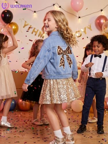 Image of WELAKEN Print Denim Jacket for Girls & Kids II Little Girl's Button Down Crop Jean Jacket Coat
