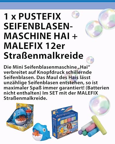 PUSTEFIX Mini Seifenblasenmaschine Hai & MALEFIX Straßenkreide 12er Packung I Seifenblasen Kinder Set I Bubble Spaß bei Kinderpartys & Geburtstagen