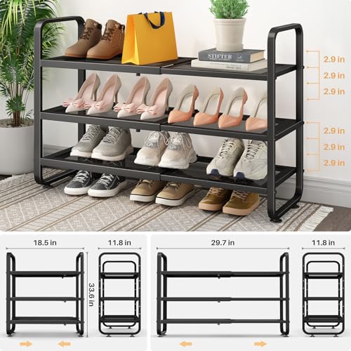 Image of SNTD Shoe Rack - Expandable Shoe Organizer for Closet, Adjustable Metal Shoe Shelf Storage, Stackable Long Shoe Stand Holder for Garage, Entryway, Door Entrance (Black, 3-Tier)