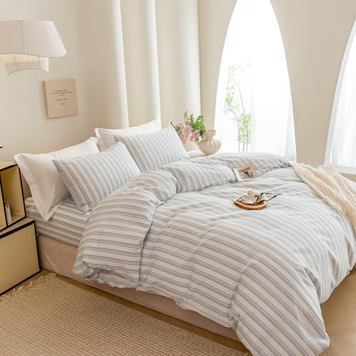 Image of ECOCOTT Striped Duvet Cover King Size -100% Washed Cotton Linen Like Textured Breathable Durable Soft Comfy Bedding Set with Zipper Closure & Corner Ties