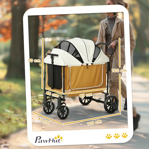 PawHut 2 in 1 Hundewagen Hundebuggy klappbar für Hunde & Katzen bis 30 kg Bollerwagen mit Kissen Netzfenstern 2 Türen Aufbewahrungstasche Katzenwagen Buggy Braun