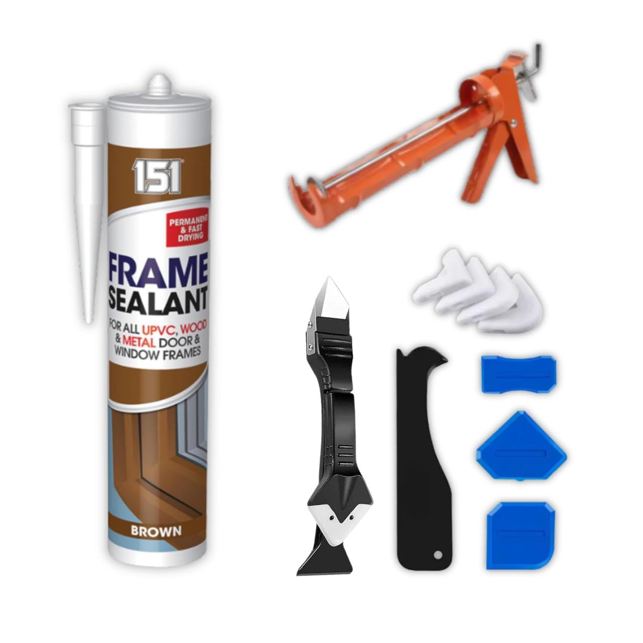 151 Brown Sealant Bundled With Caulking Gun & Silicone Tool Set – Waterproof Brown Silicone Sealant for Windows, Doors & Bathrooms – Mastic Gun with Silicone Remover Tool & Grout Removal Accessories