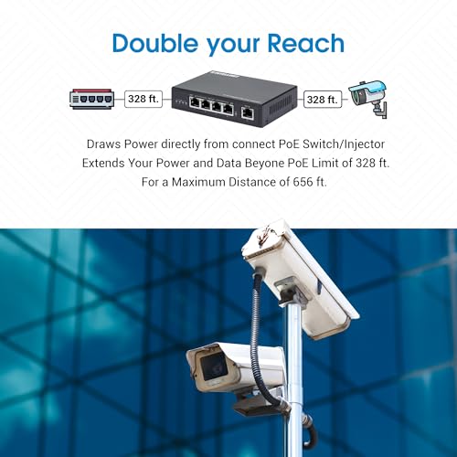 Image of Intellinet 4-Port Gigabit PoE++ Extender, 90W, 328 Ft Range, Metal | IEEE 802.3bt /at /af pass-through switch adds 656 total reach, powers cameras, APs and VoIP phones via RJ45