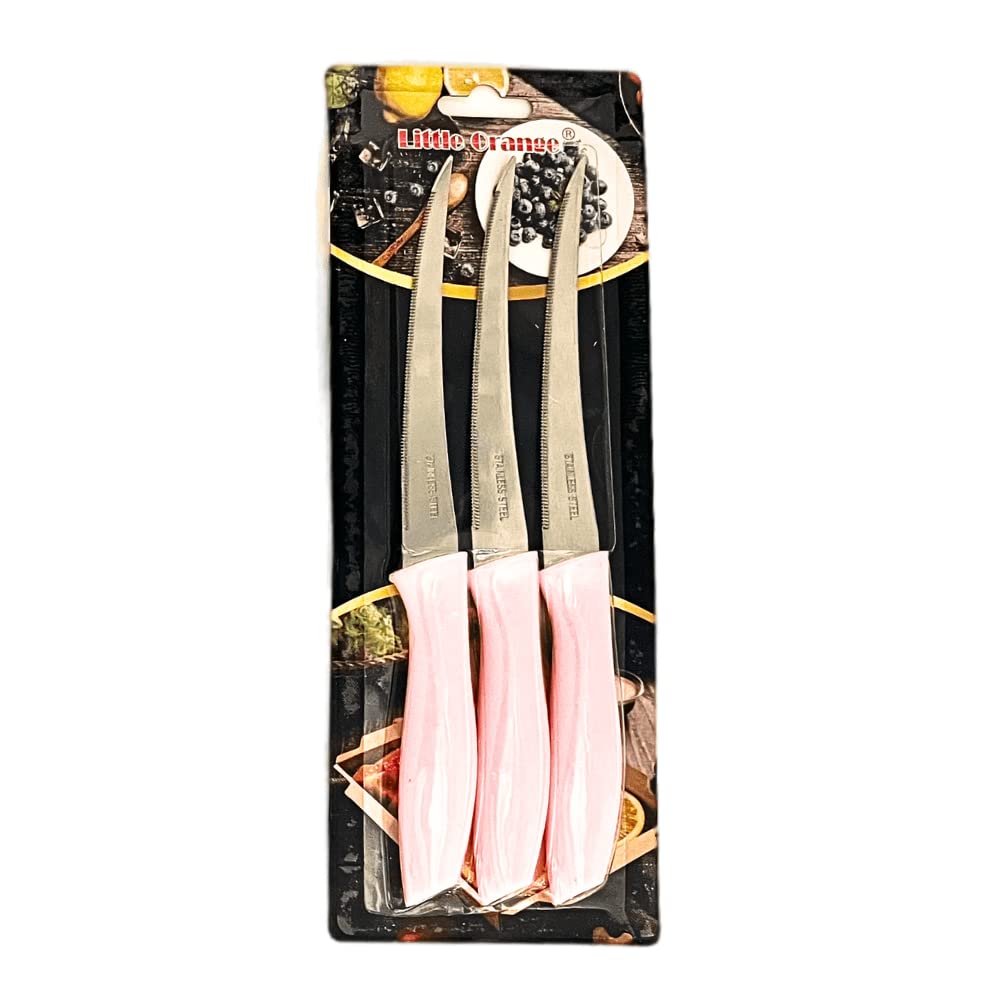 VIO 3 Pack Knives for Slicing, Cutting, Peeling Vegetables, Fruits, Sharp Kitchen Knife with Soft Handle & Stainless Steel Blade for Dicing, Chopping Meat, Multipurpose Dishwasher Safe (Light Pink)