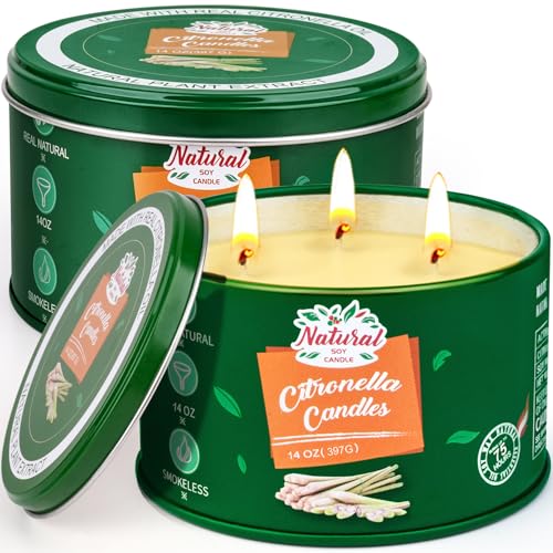 Citronella Candles Outdoor, 2 Packs Large Outdoor Candles for Patio Garden (14OZ Each), 3-Wick Nature Soy Wax Lemomgrass Outside Candle, Long Lasting Decorative Summer Candle for Camping, Backyard
