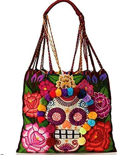 Day of the Dead Skull Floral Embroidered Hobo Casual Bag Mexican Handmade Bag