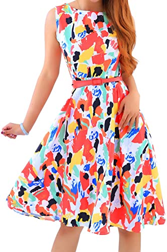 Yming Damen Knielanges Kleid Ärmellos Rockabilly Kleid Cocktailkleid Sommerkleid Übergröße Bunt XXXL