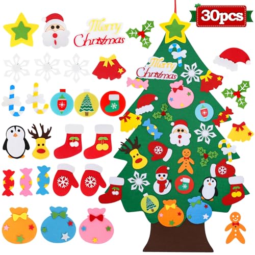QIFU DIY Felt Christmas Tree Decorations, 3ft Wall Christmas Tree for Kids Toddlers with 30 Pcs Removable Ornaments Felt Xmas Trees Kids Toddlers for Home, Door Hanging, Xmas Decorations Gifts