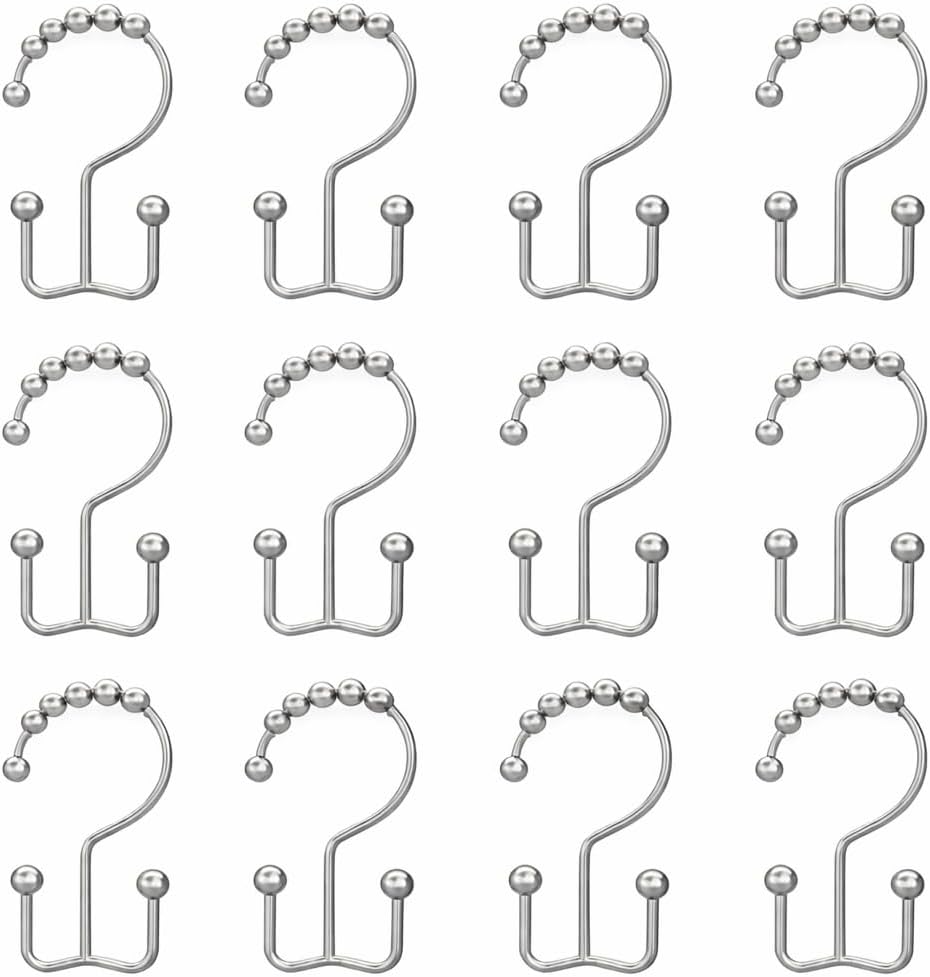 Double Shower Curtain Hooks with Roller Balls, Rust Resistant Metal Shower Curtain Rings, Set of 12 (Chrome)