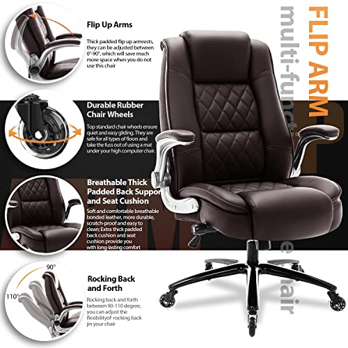 Ezaki High Back Office Chair-Flip-Up Arms Executive Computer Desk Chair, Built-In Lumbar Support Thick Padded Adjustable Rock Tension Ergonomic Design For Back Pain (Brown) #TOP2