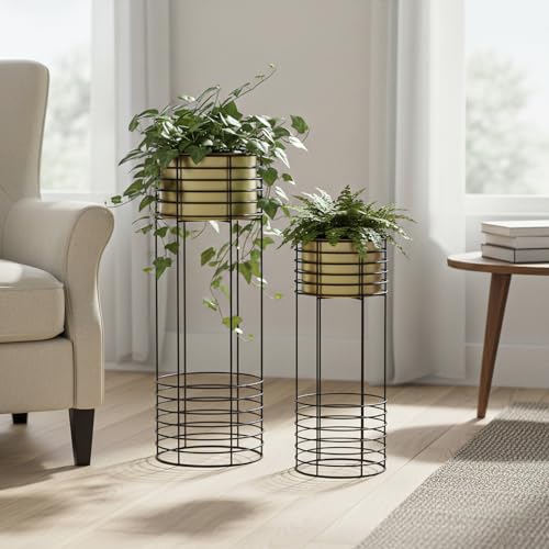 Image of Metal Floor Planter with Stands (Set of 2), Modern Tall Planter for Home Decor, Decorative Plantpot for Living Room Balcony Office, Big Plant Stand with Pots (Plants not Included) (Gold Pot & Black Stand)