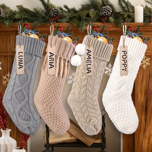 JOLCEEY 4pcs Christmas Stockings, 18 Inch Large Knit Christmas Stockings Personalized Xmas Hanging Stocking Decorations with Name Tags for Christmas Fireplace Tree Decorations