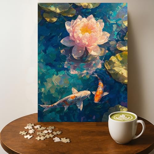 KOI Fish Pond Animal Jigsaw Puzzle - 500 Pieces Wooden Puzzle for Adults, Wall Art Gift, Finished Size: 20 x 15 Inch