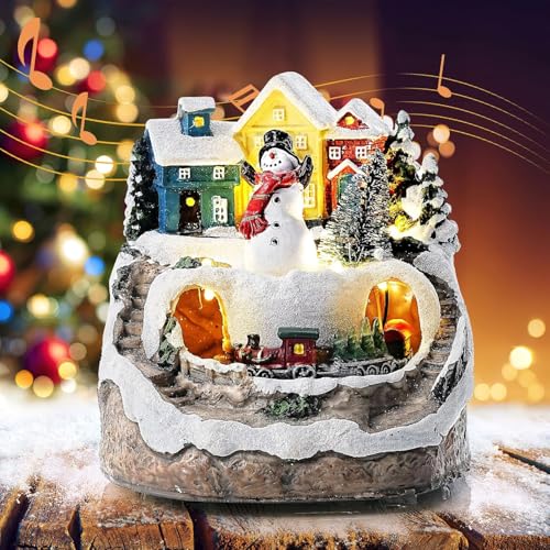 Auniq Pueblo Navideño con Luz LED y Música, Escena navideña LED pueblo nevado con tren giratorio, Adorno de casa de pueblo Estatua de resina Decoraciones navideñas iluminadas regalo para fiestas hogar