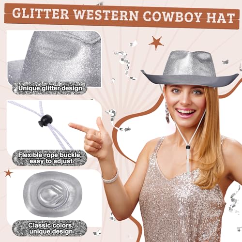 Image of Shyyween 24pcs Sparkly Western Cowgirl Hats for Adult Bulk Glitter Cowboy Hat Adjustable for Men Women Bachelor Western Party