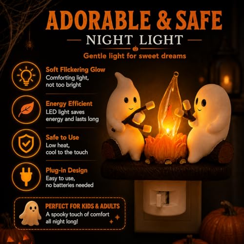 Ghost Campfire Night Light, Plug-in Wall Flickering Flame Nightlight, Halloween 3D Cute Spooky Marshmallow Ghost Decoration for Bedroom, Spooky Season Home Halloween Decor for Kids Adults - Image 2