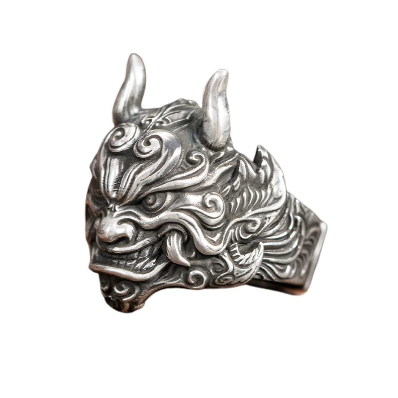 Bague large anti-allergie anneau ouvert ajustable motif lion argent
