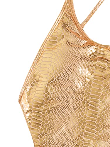 Sweatyrocks Women's Metallic Criss Cross One Piece Swimsuit Monokini High Cut Bathing Suit Gold M #TOP4