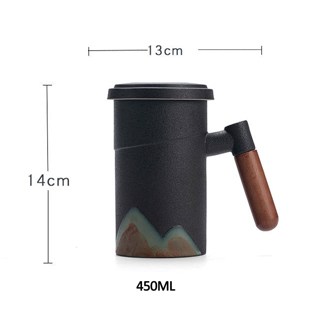 DUNAKE Teetasse mit Deckel und sieb, Tee-Sieb-Tasse Mit Teebeutelhalter Für Losen Tee, Tee-Becher Holzgriff, 450 Ml / 15,2 Oz Schwarz, Teeliebhabergeschenke Für Frauen Und Mann (Style : Style2)