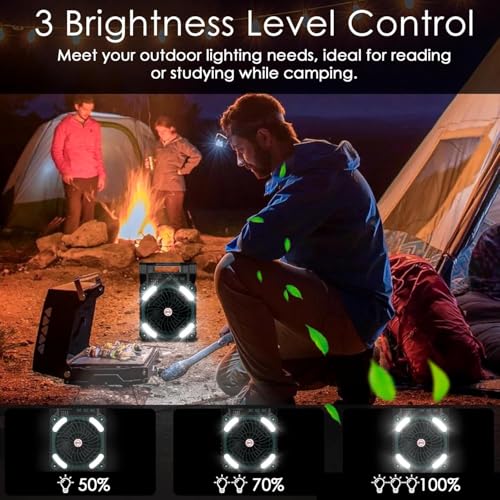 Image of AARKRI SALES Solar Camping Fan with LED 10400mAh Rechargeable Battery Powered Portable Outdoor Fan for Travel Emergency 4 Speeds 3 Brightness Settings USB Power Bank for Phone Charging
