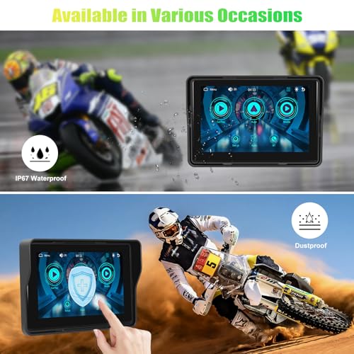 Image of CAMECHO Motorcycle CarPlay Screen, 5 inch Waterproof Portable Wireless CarPlay Android Auto for Motorbike, Touch Screen Car Stereo Support Dual Bluetooth, Mirror Link, EQ, Siri Voice Control