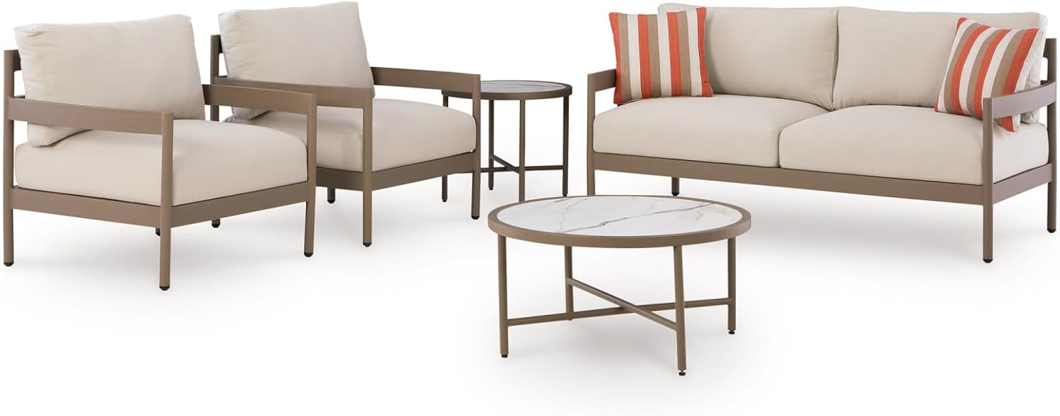 Signature Design by Ashley Big Creek Cove Contemporary Outdoor Loveseat/Chairs/Tables Set with Cushion and 2 Throw Pillows, Set of 5, Beige