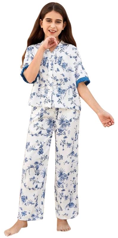Image of Night Dress for Kids Girls, Button-Down Pajama Set Night Dress, Long Sleeve Top and Pants with Ruffle Trim, Textured Cotton Sleepwear for Lounging