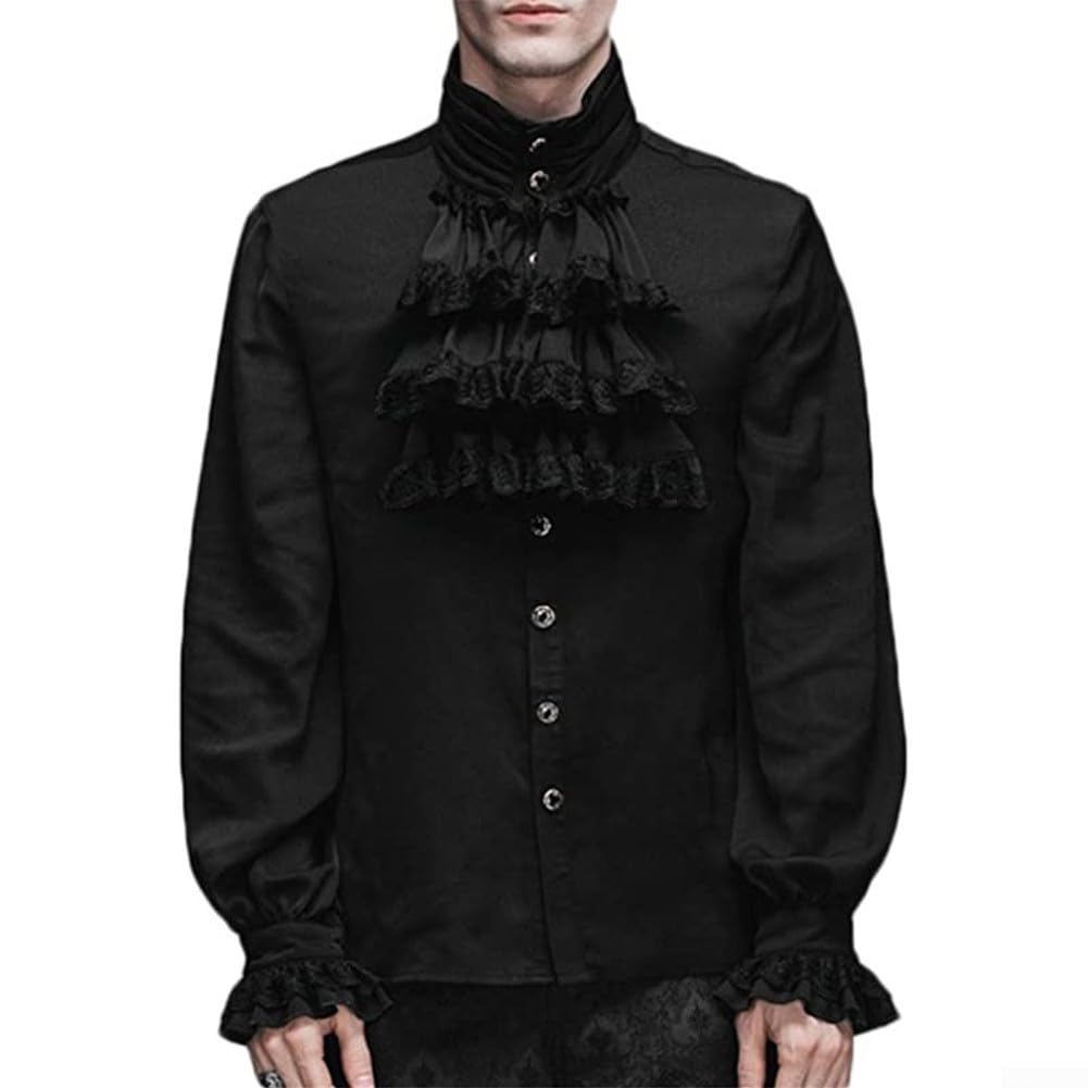 Men's Vampire Gothic Shirt Ruffled Victorian Steampunk Blouse Long Sleeve Stand Collar Medieval Pirate Renaissance Costume Top White Black S-2XL(L Black)