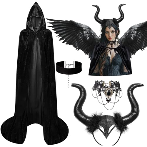 iZoeL Malefiecent Kostüm Teufel kostüm Damen, Teufel Umhang Teufelshörner Haarreif Gothic Spitze Halskette Karneval kostüm Accessorie, Damen...