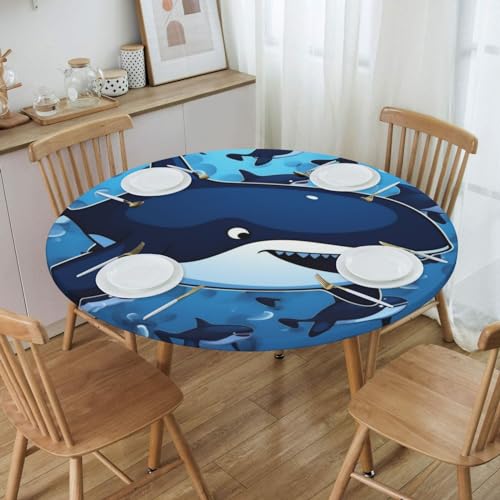 Nappe de table ronde imprimée baleine bleue imperméable élastique - 6