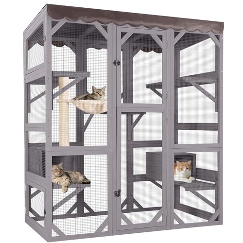 Aivituvin Catio Outdoor Cat Enclosure with 7 Platforms, 2 Resting Boxes, Large Window Cat House for 4-6 Mulitiple Cats Walk in Kitty Cage with Weatherproof Tarp Roof 70'