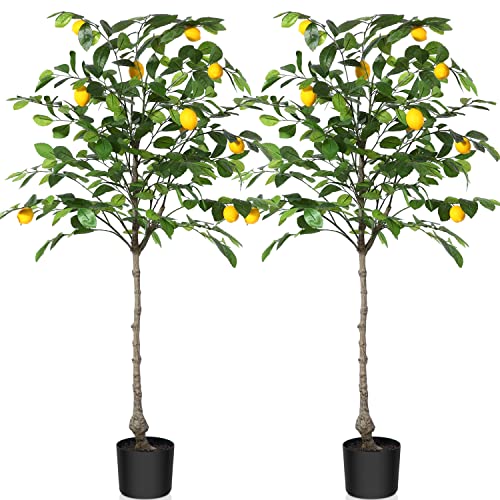 Kazeila 2 Pack Artificial Lemon Tree, 4 Feet Fake Lemon Plant, Pre Potted Faux Lemon Tree, Plastic Lemon Fruit Tree For Home Decor Living Room Office #TOP12