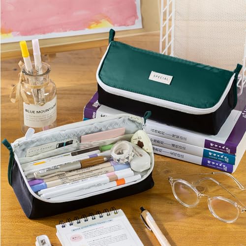 Image of iSuperb Pencil Case Large Capacity Pencil Pouch Bilateral Pen Bag Travel Bag Make Up Organizer with Zipper (Green)