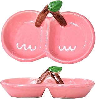 仕切り皿 和食器 2点セット 付出皿 2連 小付けを美しく盛れる小分け皿 手描きエンボス 陶器 味付け皿 多機能 ソース皿 酢皿 家庭用 食器 フルーツ かわいいサクランボ型 おかず皿 電子レンジ対応 食洗機対応 (桜桃ピンク×2枚, 12.4*8*3.3cm)